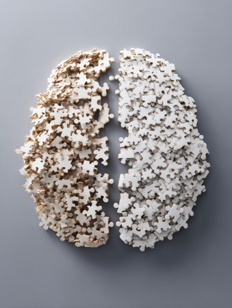 A brain crafted from puzzle pieces symbolizes the components of intelligence, with a portion intentionally left blank to represent potential and creativity.の素材