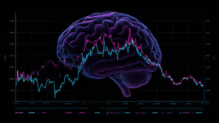 A neon style graph outlines brainwave patterns in a side layout, offering insights into neural activity variations captured over a specified time period.の素材