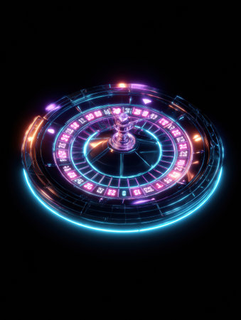 A dynamic 3D neon roulette wheel spins gracefully, illuminated by bright colors against a dark backdrop, creating an engaging visual experience.の素材