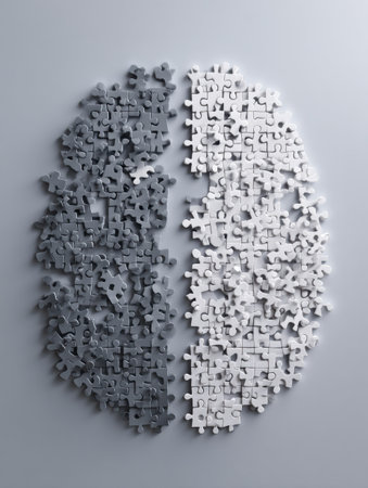 Brain depicted with puzzle pieces fitting together, showing the concept of intelligence.の素材
