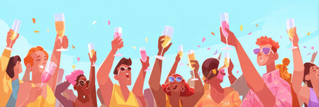 Colorful crowd gathers to celebrate, raising glasses in a toast while enjoying clear skies and a lively atmosphere filled with happiness and energy.の素材