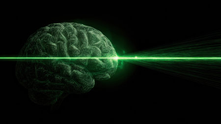 Laser waves are directed at a brain model in a dark room, showing the process of brain scanning for research and analysis of neurological activities.の素材