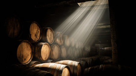Dark ambiance fills the cellar where barrels are meticulously stacked, illuminated by soft light rays, enhancing the tranquil yet intriguing environment.の素材