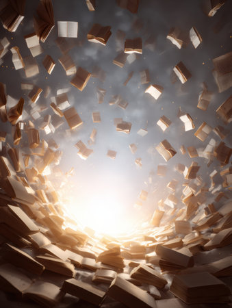 Books are caught in a whirlwind, spiraling towards a bright glow in the center, with a cluttered base and an open sky above creating an imaginative atmosphere.の素材