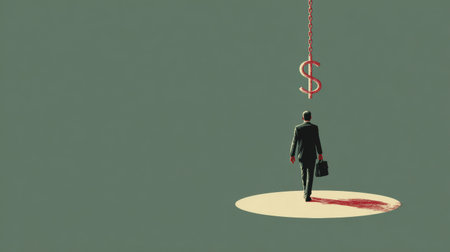 A businessman walks unsuspectingly towards a dollar sign baited on a chain, representing a trap, in a minimalist and stylized environment.の素材