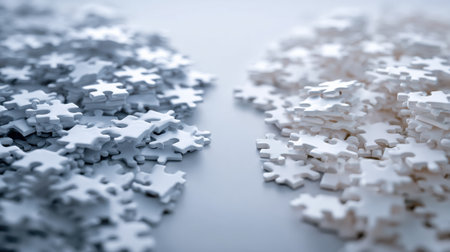 Puzzle pieces shaped like a brain are starting to connect, creating a visual representation of thought and creativity in an open area.の素材