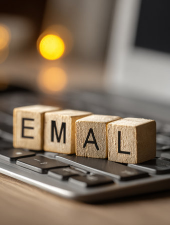 Close-up of wooden blocks spelling email on a keyboard, highlighting risks of business email compromise from mismatched details.の素材