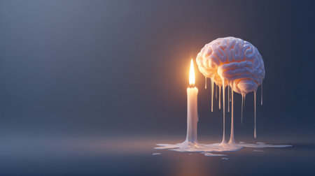 A candles wax drips into the shape of a brain, casting a warm and calming glow on the left, enhancing a serene and peaceful environment.の素材