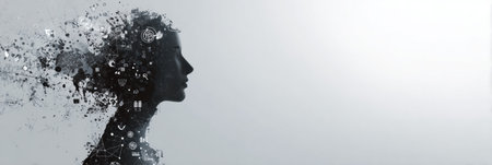 A silhouette of an AI head reveals a burst of creative symbols emanating from its form, set against a stark, empty upper corner, emphasizing imagination.の素材