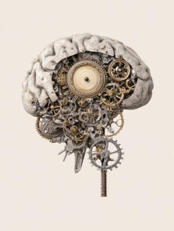 Brain dissolving into code, with mechanical gears on the left, symbolizes the blend of human thought and technology.の素材
