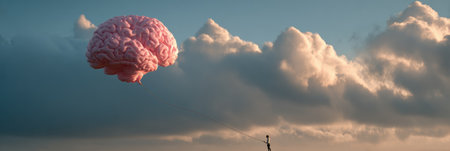 A pink brain-shaped balloon floats gracefully among fluffy clouds with a silhouette figure grasping the string, capturing a whimsical moment against the sky.の素材