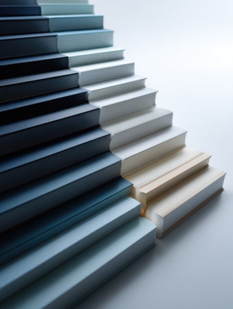 Books are arranged in a gradient pattern transitioning from dark to light, symbolizing transformation and the journey of knowledge in a clean space.の素材