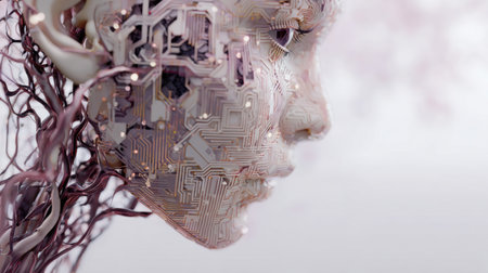 A digital face integrates circuit patterns and organic roots, showing the harmony of technology and nature in a soft, minimalistic setting.の素材