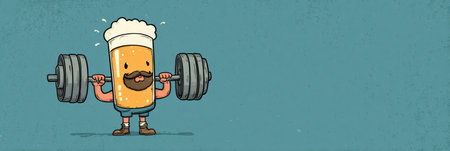 A cheerful beer character with a mustache lifts weights in a playful comic style against a solid background, showing strength and humor in a gym setting.の素材