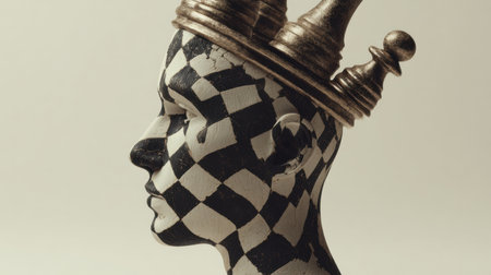 A striking visual merges a chessboard pattern into the shape of a human head, highlighting a clean zone on top. This piece reflects unique artistic innovation.の素材