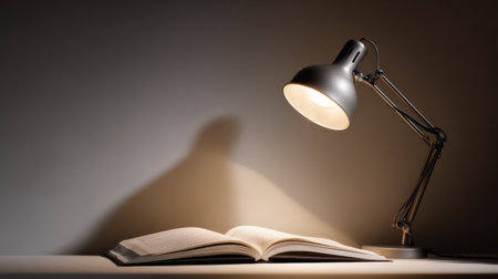 A desk lamp casts a warm light on an open textbook, creating soft shadows while blank space on the right adds a sense of tranquility to the study area.の素材
