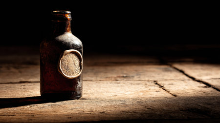 An beer bottle with a wax seal stands alone aged in a spotlight on rustic wood, creating a dramatic atmosphere in the dim light.の素材