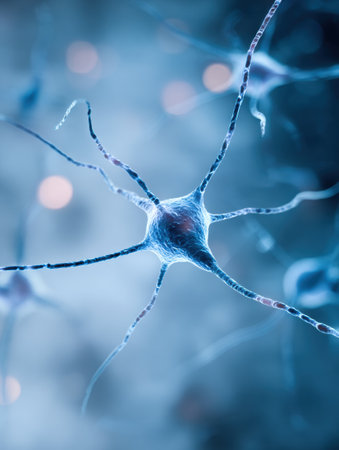 Observation of a detailed neuron showing its complex connections, set against a blurred background typical of a scientific laboratory environment.の素材