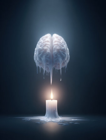 A candle melts and takes on the form of a brain, illuminating the space with a soothing light that creates a tranquil ambiance in darkness.の素材