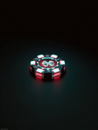 A vivid 3D neon poker chip rotates above a dark background, displaying glowing edges and a striking visual effect that captures attention and adds excitement.の素材