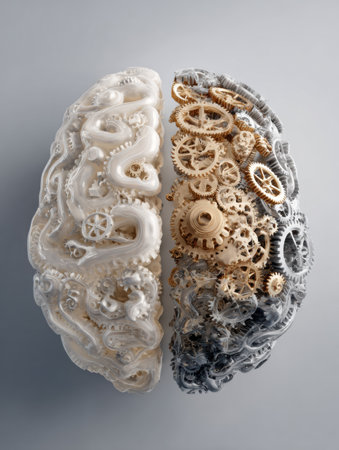 Intricate design showcases a 3D half-brain model merging mechanical gears and organic elements, highlighting the contrast between technology and nature.の素材
