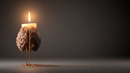 A candle melts into a brain shape, with a warm glowing light on the left side creating a tranquil atmosphere in a dark setting.の素材