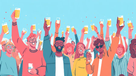 A vibrant crowd cheers and clinks glasses in celebration, enjoying a joyful atmosphere with a clear sky overhead during a cheerful eventの素材