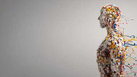 A human figure crafted from colorful puzzle parts and wires stands tall against a neutral background, showing a minimalistic design on one side.の素材