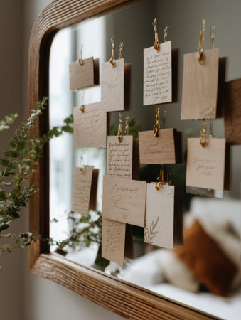 Collection of affirmation cards pinned to a mirror adds warmth and positivity to a serene space filled with natural light and simple decorの素材