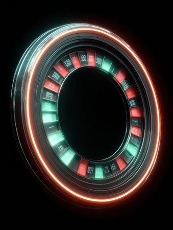 A vivid 3D neon roulette wheel spins quickly, glowing red and green against a black background for a striking visual effect.の素材