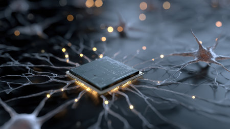 A glowing AI chip is surrounded by neurons, creating a visual representation of the complex interaction between artificial intelligence and biological systems.の素材