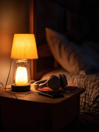 In a cozy bedroom, a student relaxes with headphones on, listening to an audiobook while a warm lamp casts a gentle glow over an open notebook.の素材