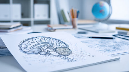 Detailed blueprint of brain circuit design unfolds across a tidy desk filled with various stationery, showcasing a bright and organized workspaceの素材
