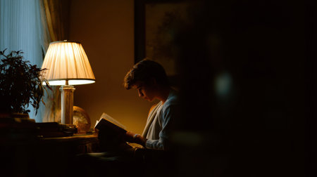 In a tranquil evening setting, a student enjoys an audiobook while illuminated by the warm glow of a lamp, immersed in relaxation and peace.の素材