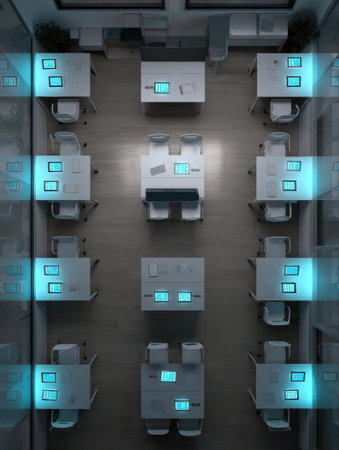 A modern classroom layout with digital desks and glowing tablets highlights technology and collaborative learning in education.の素材
