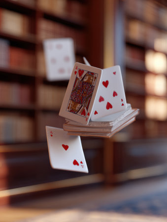 A captivating 3D card deck hovers in a library, highlighting its detailed artwork amidst a warm and inviting collection of books along the shelves.の素材