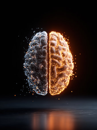 A brain composed of glowing particles glows against a dark backdrop, showing a striking contrast as one side remains untouched and dark.の素材