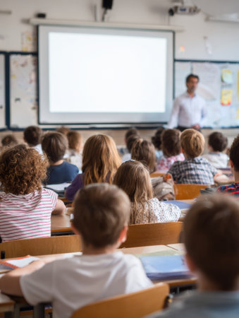 Students participate in an interactive bilingual class discussion while translations are projected behind the teacher, promoting effective communication.の素材