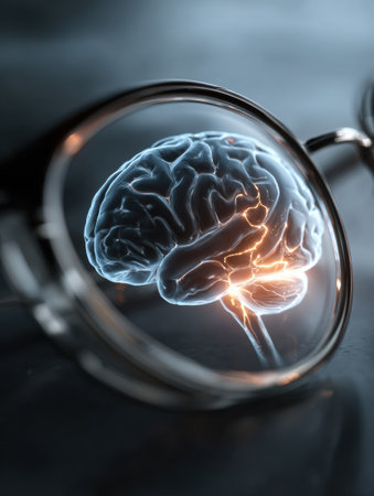 Lens shaped like an eye captures a glowing brain symbol, highlighting the brains intricacies while the surroundings remain softly out of focus.の素材