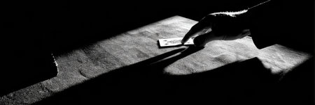 A card dealers hand casts an intriguing shadow over a felt surface, accentuating the tension of a late-night poker game in a casino setting.の素材