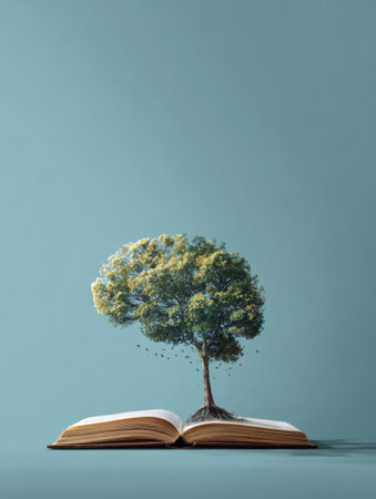 An abstract representation shows a tree emerging from an open book, symbolizing the growth of knowledge, with clear space for text on the right side.の素材