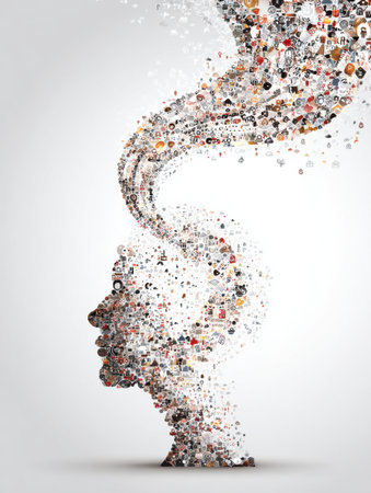 Abstract representation of a persons thoughts illustrated through swirling icons, suggesting creativity and imagination, with open space on the right.の素材