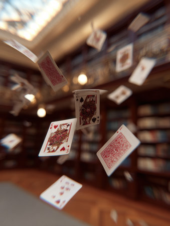 A collection of 3D playing cards is suspended in the air above a wooden table in a tranquil library, surrounded by rows of books and soft lighting.の素材