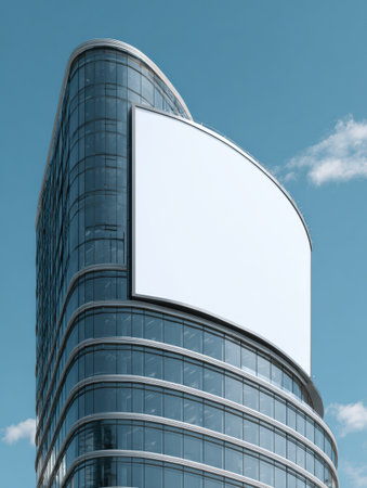 A striking curved building facade showcases an empty digital banner slot, bathed in sunlight under a bright blue sky with scattered clouds.の素材