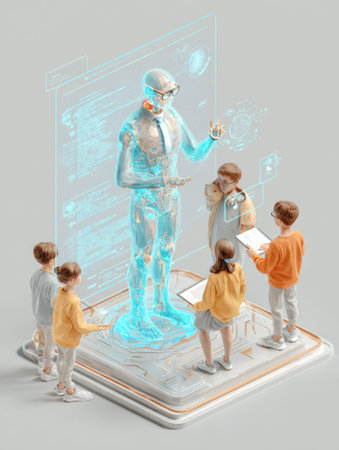 Students interact with a holographic AI teacher in a clean, futuristic classroom, exploring educational concepts through advanced technology.の素材