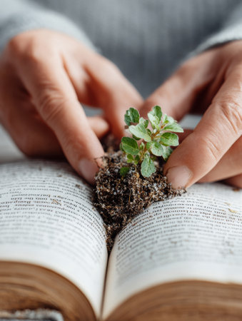 Hands carefully place a seedling into the pages of a book, illustrating the deep connection between learning, nature, and personal developmentの素材