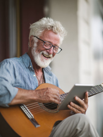 An elderly man enjoys learning how to play guitar with a tablet, smiling and engaging with the music outdoors in a bright and cheerful setting.の素材
