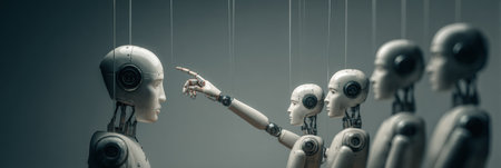 A puppet master operates strings to control humanoid bots, showcasing the theme of manipulation and deception in a shadowy environment.の素材