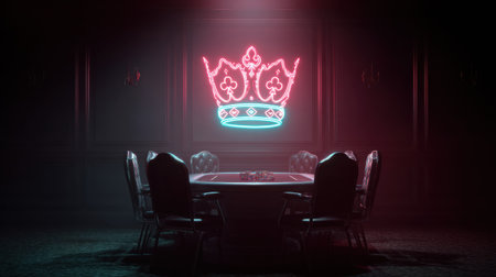 Neon crown glows brightly above a poker table, creating an inviting atmosphere in a secluded room. Empty chairs await players for an exciting game night.の素材
