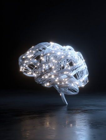 A tangled wire brain with glowing LEDs sits in a dark space, provoking thoughts on innovation and technology.の素材